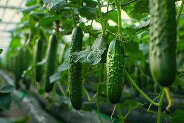 Cucumbers cultivated in a modern greenhouse.

