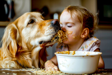 Little girl feeding dog food out of white bowl on the floor.