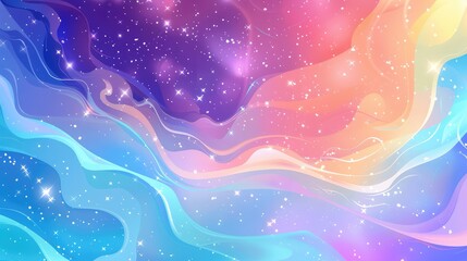 Wall Mural - Rainbow unicorn fantasy background with wave of stars. Holographic bright multicolored sky and stars