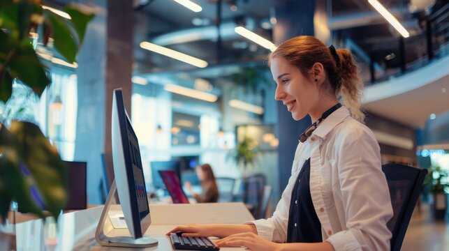 Office receptionist greeting visitors with a digital check-in system
