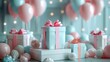 Gifts and balloons blue party background