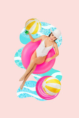 Sticker - Vertical photo collage of happy smile girl lie lifebuoy pool party hold glass green drink water relax summer isolated on painted background