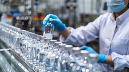 Wall Mural - a woman in a white lab coat is filling bottles with a clear liquid