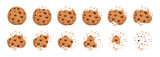 Fototapeta Dinusie - Bitten chocolate chip cookie. Crunch homemade brown biscuits broken with crumbs. Cartoon baked round choco cookies bite animation vector set. Illustration animation disappear choco crumb piece bakery