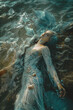 top view, aerial view of a mermaid or sea siren with blue hair laying on the azure water, wearing detailed dress from pearls, seashells and lace, dreamlike, fantasy, fairy tale fashion photography
