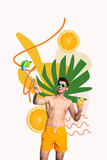 Fototapeta Panele - Vertical photo collage of happy guy hold cocktail beverage summer travel resort trip make selfie stick photo isolated on painted background