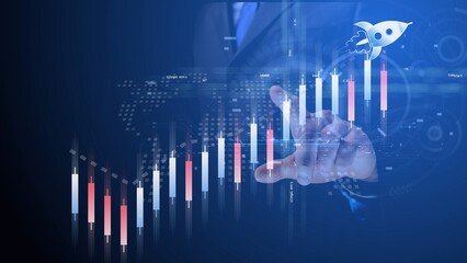Poster - An animated symbol of a flying rocket, indicated by a point of light on the finger, shows the growth of indicators reflected by Chinese candlesticks against the background of moving AI electrons. Cg