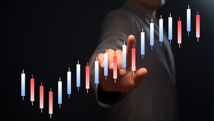 Poster - A businessman points to a chart of rising blue and red Chinese candlesticks, which characterizes financial success. Cg
