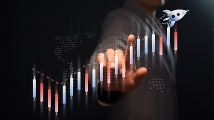 Poster - A symbol of a flying rocket, indicated by a point of light on the finger, shows the growth of indicators reflected by Chinese candlesticks against the background of world map. Cg