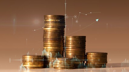 Poster - Columns of coins on a beige background with graphs and a coordinate system. Concept of modern startup and financial success. Cg