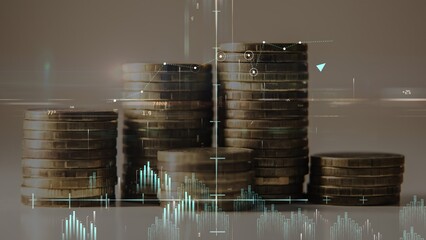 Poster - Columns of coins with graphs and a coordinate system. Concept of modern startup and financial success. Cg