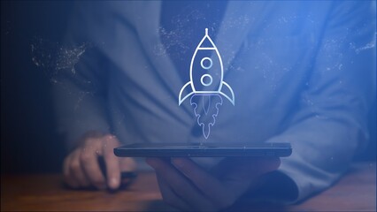 Poster - Cg symbolic image of a rocket flying upward over a tablet monitor in the hands of a businessman
