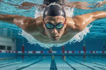 Successful Asian male swimmer swimming in the pool. Portrait of a male professional swimmer using the Butterfly style