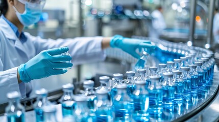 Wall Mural - a woman in a lab coat is working with blue bottles