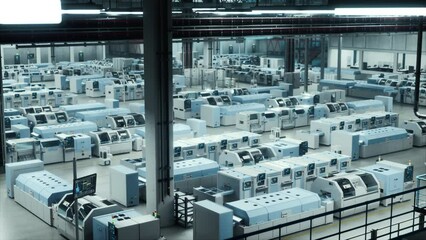 Poster - High-Tech Manufacturing And Electronics Production Factory, Featuring Advanced Robotics And Automation Technology In A Spacious Industrial Environment, Digitalization And Automation. Wide Shot