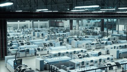 Poster - Advanced Robotics and Automation in a High-Tech Factory, Featuring Autonomous Machines and Technology in a Large Industrial Setting. Wide Establishing Shot