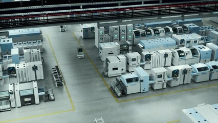 Poster - Futuristic Autonomous High-Tech Factory With Advanced Robots and Automated Guided Vehicles Seamlessly Operating. Bird's-Eye View Captures the Precision and Efficiency of Modern Manufacturing.