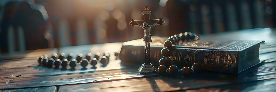 A wooden table with the Catholic Church liturgy and rosary beads
