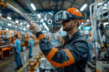 Engineer in safety gear using advanced virtual reality interface in industrial setting.