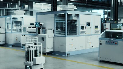 Poster - Autonomous Factory Featuring Advanced Robotics and Automated Systems, Highlighting High-Tech Manufacturing Processes in a Modern Industrial Setting with Elevating Camera Shot