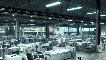Poster - Explore A Futuristic High-Tech Factory Featuring Autonomous Robots and Advanced Assembly Lines Manufacturing Microchips and GPUs in a State-of-the-Art Industrial Environment.