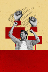 Poster - Vertical photo collage of frown scream guy show fist hands crowd picket demonstration rebellion rights riot isolated on painted background