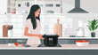 © Mishab - Woman switching on modern multi cooker on table vector
