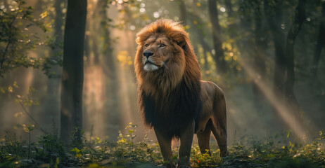 Wall Mural - Portrait of a lion standing in the middle of a misty forest under the sunlight in the morning