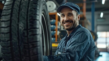 Portrait of professional mechanic and new car tires at auto repair shop, technician at auto repair service center