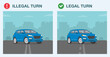 Safe driving tips and traffic regulation rules. Legal and illegal lane changing. Front view of suv passing street lines. Flat vector illustration template.