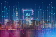 New York cityscape with futuristic hologram overlays representing AI and technology, on a night background with vibrant lights. Double exposure