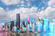 New York City skyline with futuristic holographic overlays on a daytime background. Digital composite concept. Double exposure