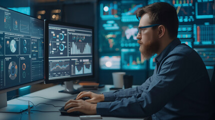 An engineer is seated at a desk with a computer monitor, working on software engineering. The electronic device and audio equipment are part of his job