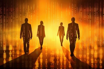 Wall Mural - Uplifting scene: Silhouettes of business people composed of vibrant orange matrix code, reminiscent of a motivational movie poster.