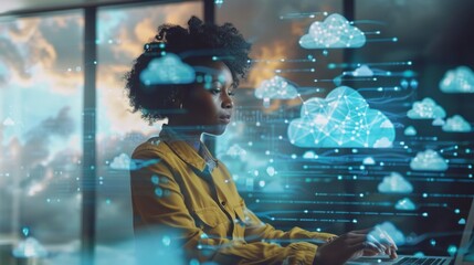 Aufkleber - Black Woman, programmer, IT specialist, engaged in data analysis, cybersecurity, Coding, information, communication technologies, Cloud computing in a modern office. Hologram, Artificial Intelligence