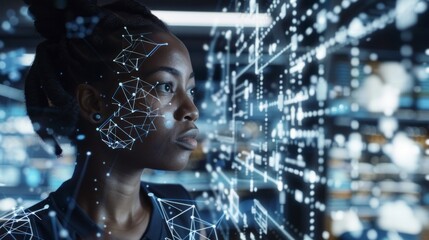 Aufkleber - Closeup of African Woman, programmer, IT specialist, Hacker reading an html script, thinking about data analysis, cybersecurity, Coding, communication technologies, Cloud computing in a modern office