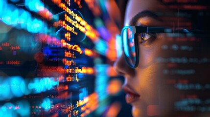 Aufkleber - Close-up of a woman, programmer, IT specialist engaged in data analysis, cybersecurity, Coding, information and communication technologies, Cloud computing in a modern office.