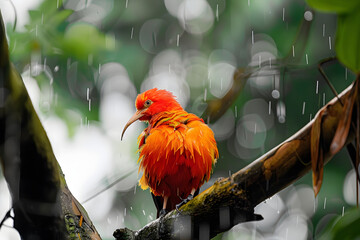 Wall Mural - an amazing colorful bird is sitting on a tree and washing his body. wonderful red and orange birds i