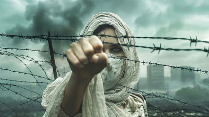 A woman, wearing a face mask, holds a cell phone while protesting behind barbed wire