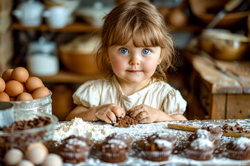 Wall Mural - Little girl sitting at table with bunch of cupcakes.