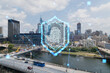 Philadelphia cityscape with a futuristic hologram of a fingerprint, double exposure, bright day. Technology and security concept. Double exposure