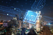 Philadelphia skyline at night with futuristic holographic overlay, cityscape and technology concept. Double exposure