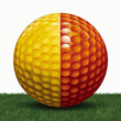 A striking hyper-realistic illustration of a golf ball, split down the middle into two vibrant colors (yellow and orange)