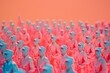 A group of soldier statue are walking in a colorful line in the style of cartoon models