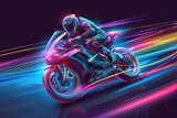 Fototapeta  - A neon-drenched motorcycle, a canvas of vibrant colors and sharp angles, tears through the black void with a rider in action, leaving a trail of colorful light streaks in its wake.