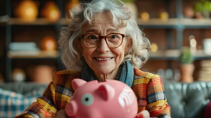 Wall Mural - close up portrait of happy elderly woman with pink piggy bank, happy retirement, financial planning for silver gen, Generative Ai