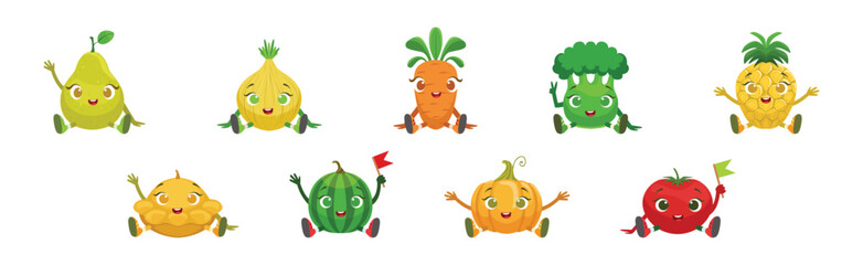 Sticker - Funny Fruit and Vegetable Sit with Smiling Face Vector Set