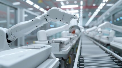 Poster - The process of manufacturing spare parts for cars. A conveyor belt with a white robotic arm on an automated production line for battery components for electric vehicles in a modern factory.