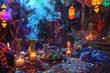 Candles are lit on a table with a colorful cloth. Mystical room background. 