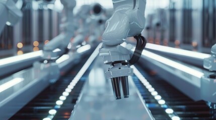 Poster - A conveyor belt with a white robotic manipulator on an automated production line for components, spare parts for electric vehicles in a modern factory.